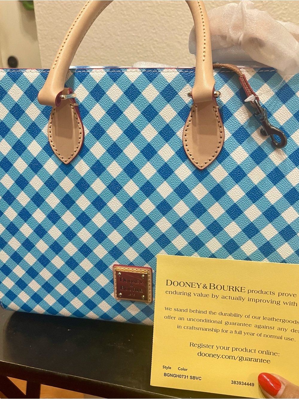 Dooney & Bourke Blue and White Gingham Tote with Tan Leather Handles